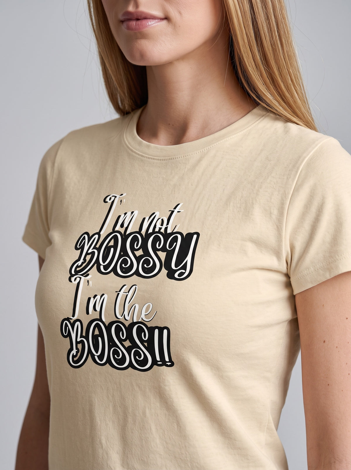I Am the Boss tee in Soft Cream — angled close-up [kk-studio]