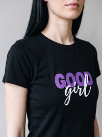 Good Girl tee in Black — angled close-up [kk-studio]