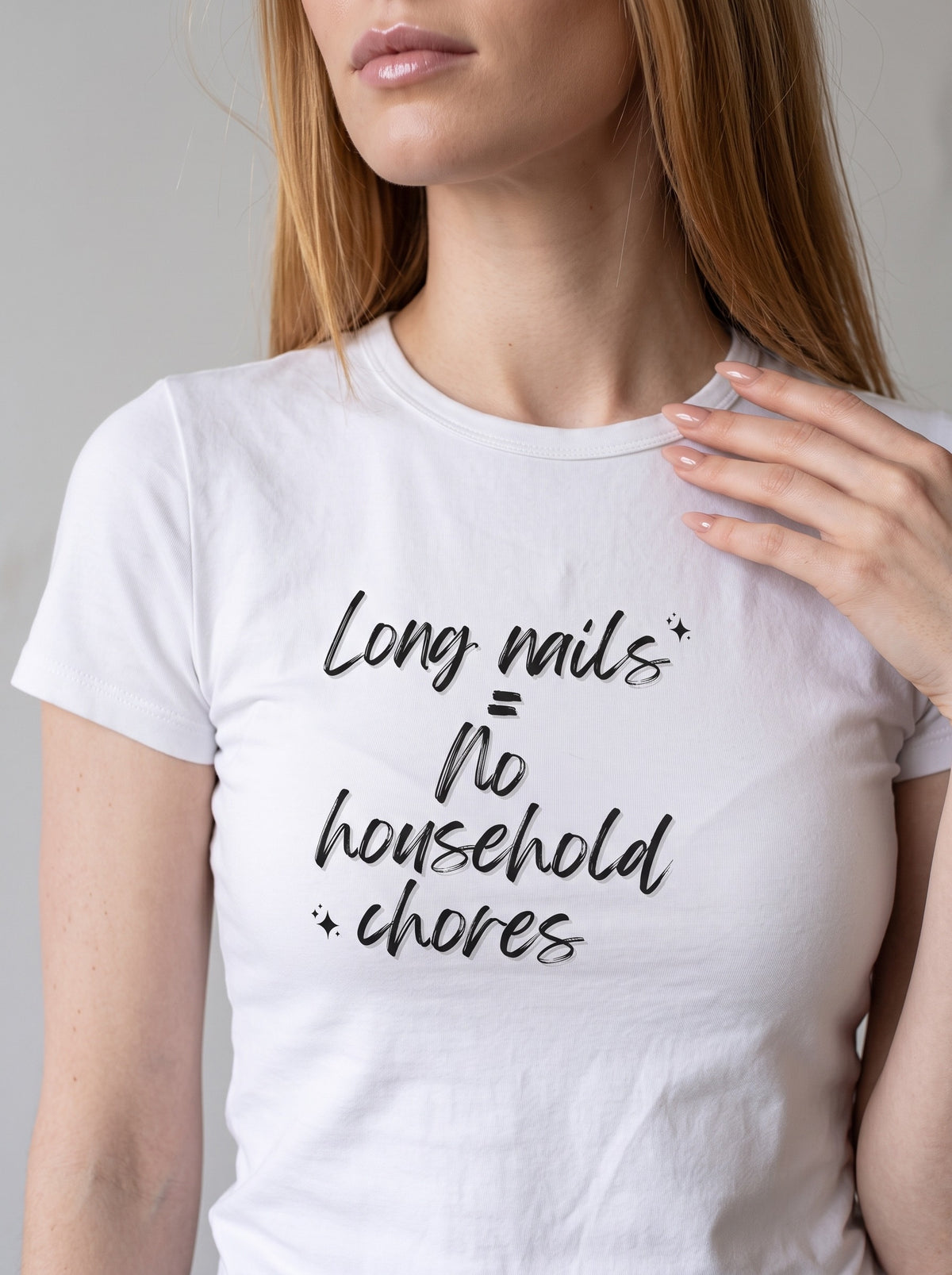 Long Nails = No Household Chores tee in White — angled close-up [kk-studio]