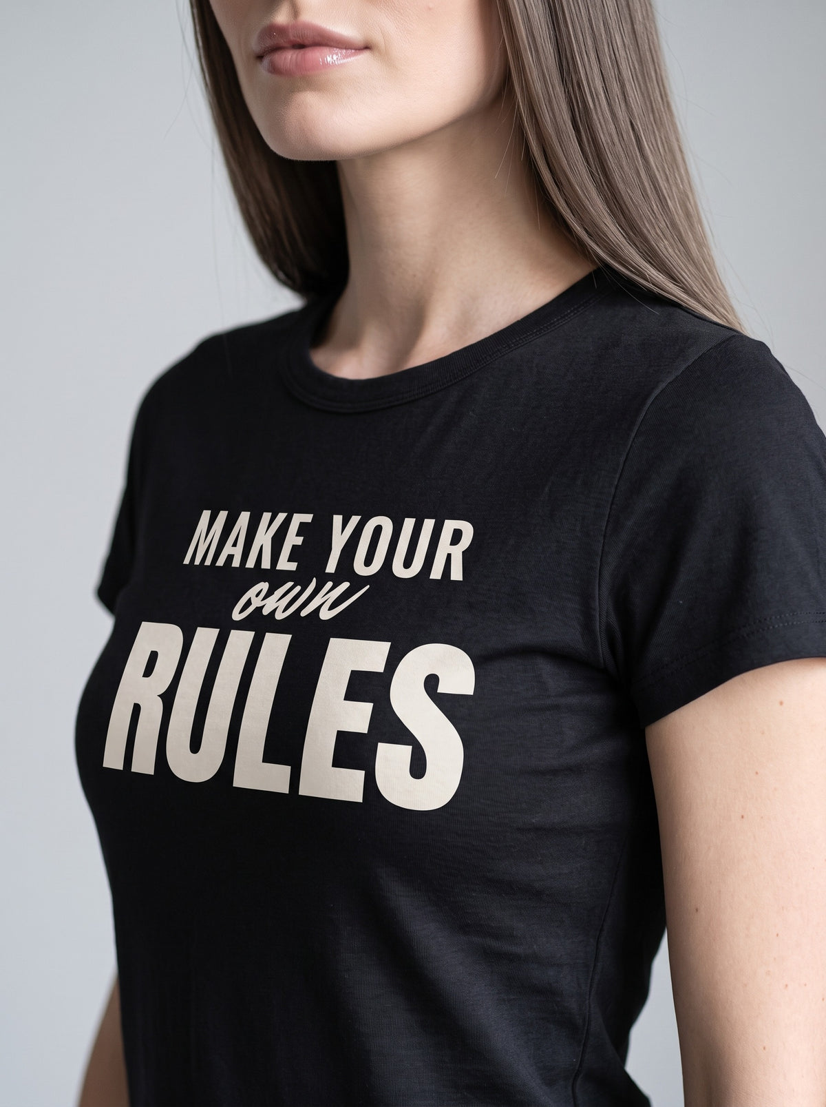 Make Your Own Rules tee in Black — angled close-up [kk-studio]