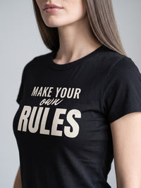 Make Your Own Rules tee in Black — angled close-up [kk-studio]