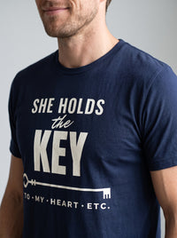 She Holds the Key tee in Navy — angled close-up [kk-studio]