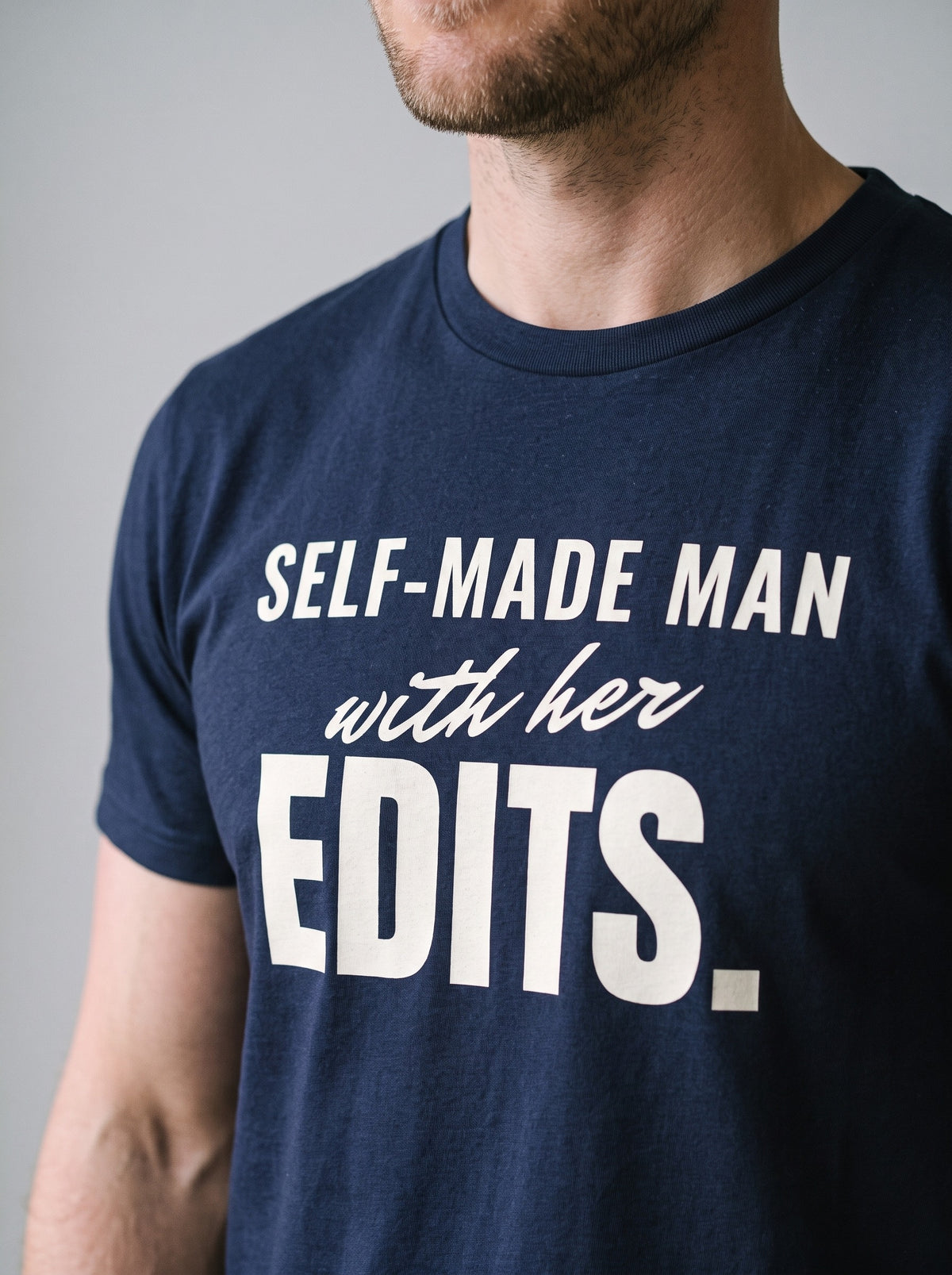 Self-Made Man With Her Edits tee in Navy — angled close-up [kk-studio]