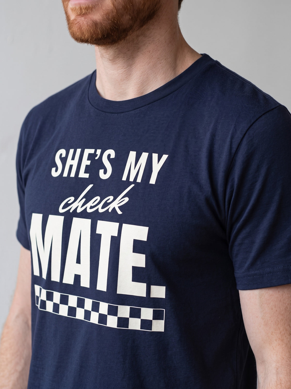 She's My Checkmate tee in Navy — angled close-up [kk-studio]