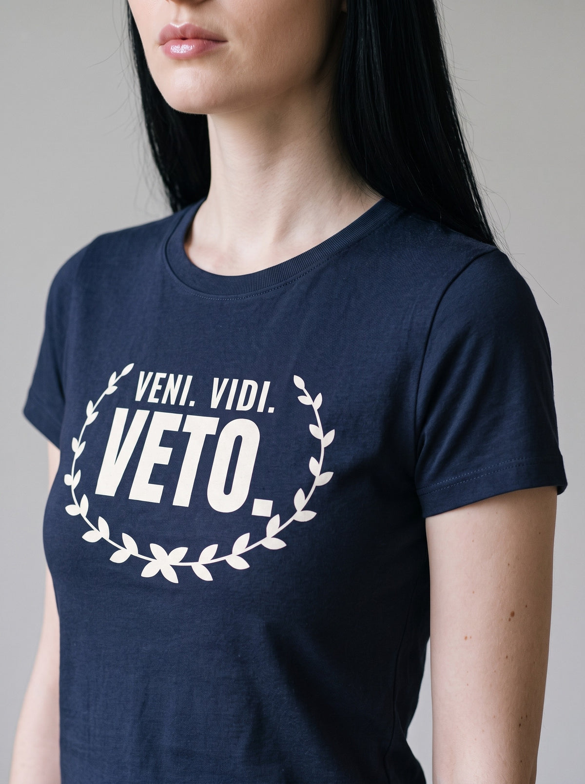 Veni. Vidi. Veto. tee in Navy — angled close-up [kk-studio]