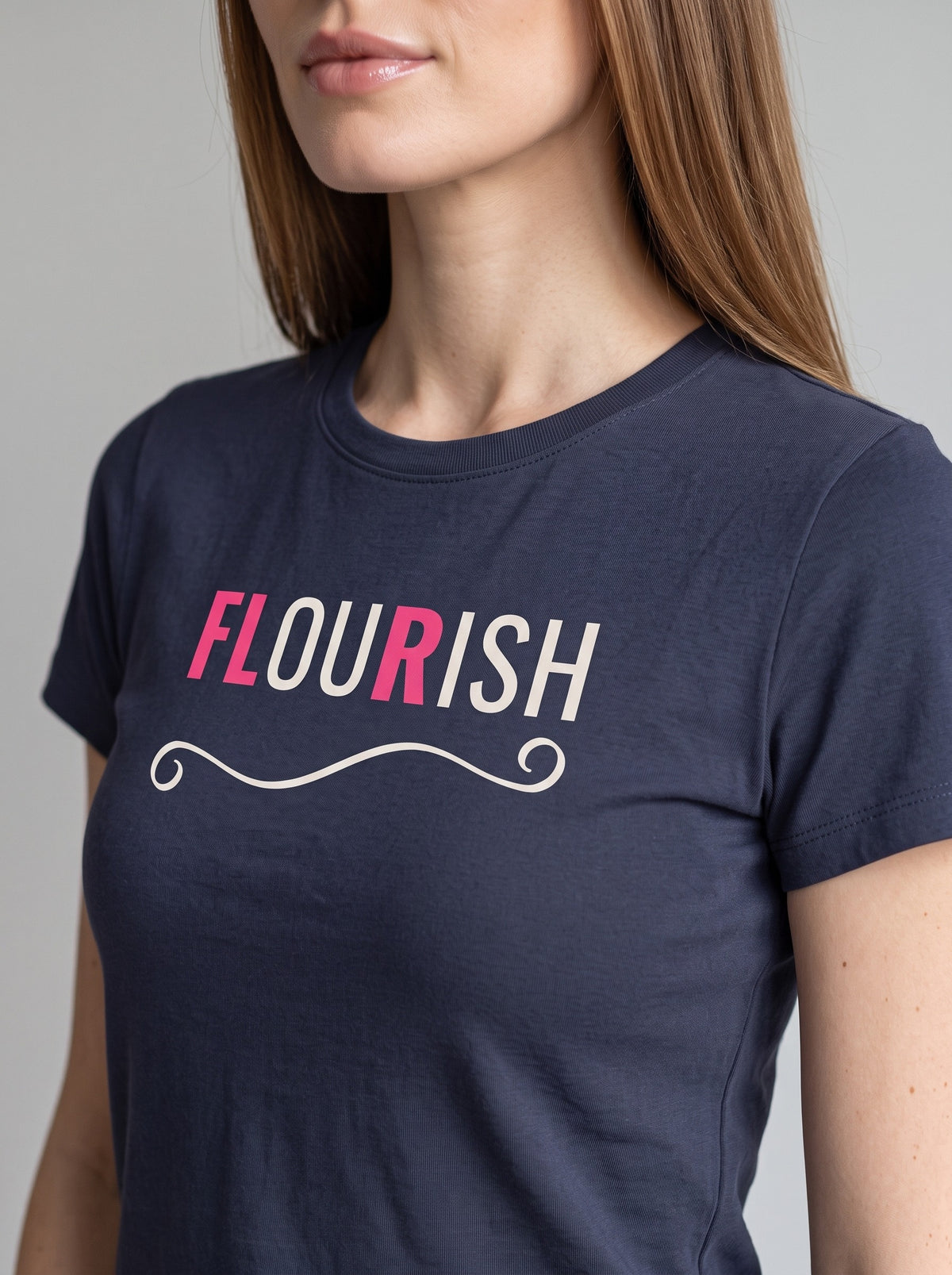Flourish tee in Navy — angled close-up [kk-studio]