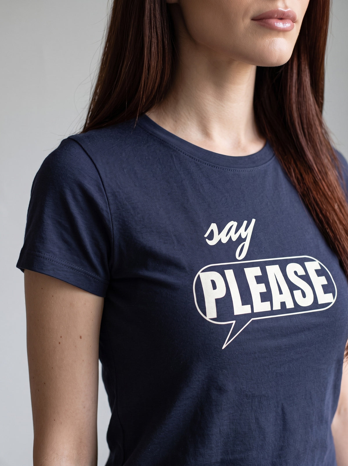 Say Please tee in Navy — angled close-up [kk-studio]