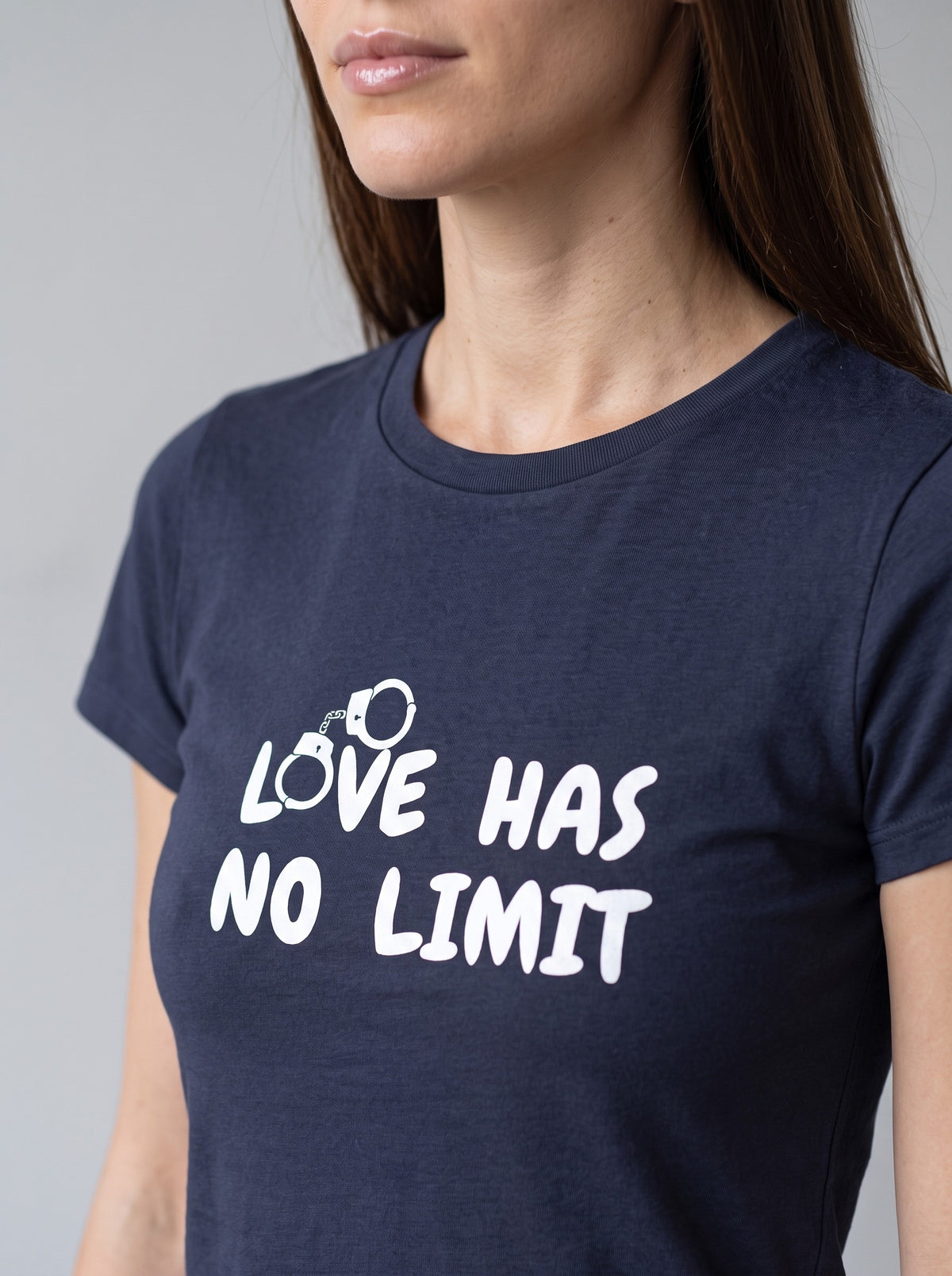 Love Has No Limit (Hers) tee in Navy — angled close-up [kk-studio]