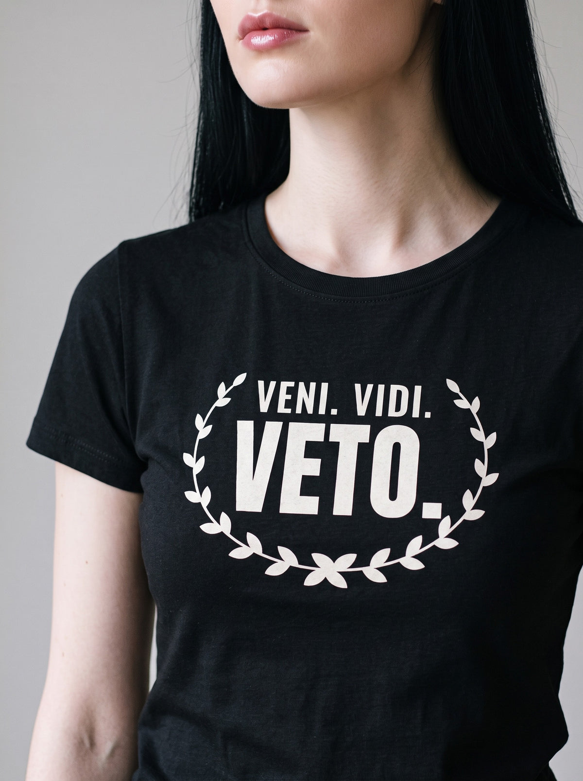 Veni. Vidi. Veto. tee in Black — angled close-up [kk-studio]
