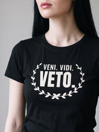 Veni. Vidi. Veto. tee in Black — angled close-up [kk-studio]