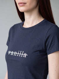 Not Vanilla tee in Navy — angled close-up [kk-studio]