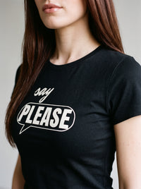 Say Please tee in Black — angled close-up [kk-studio]