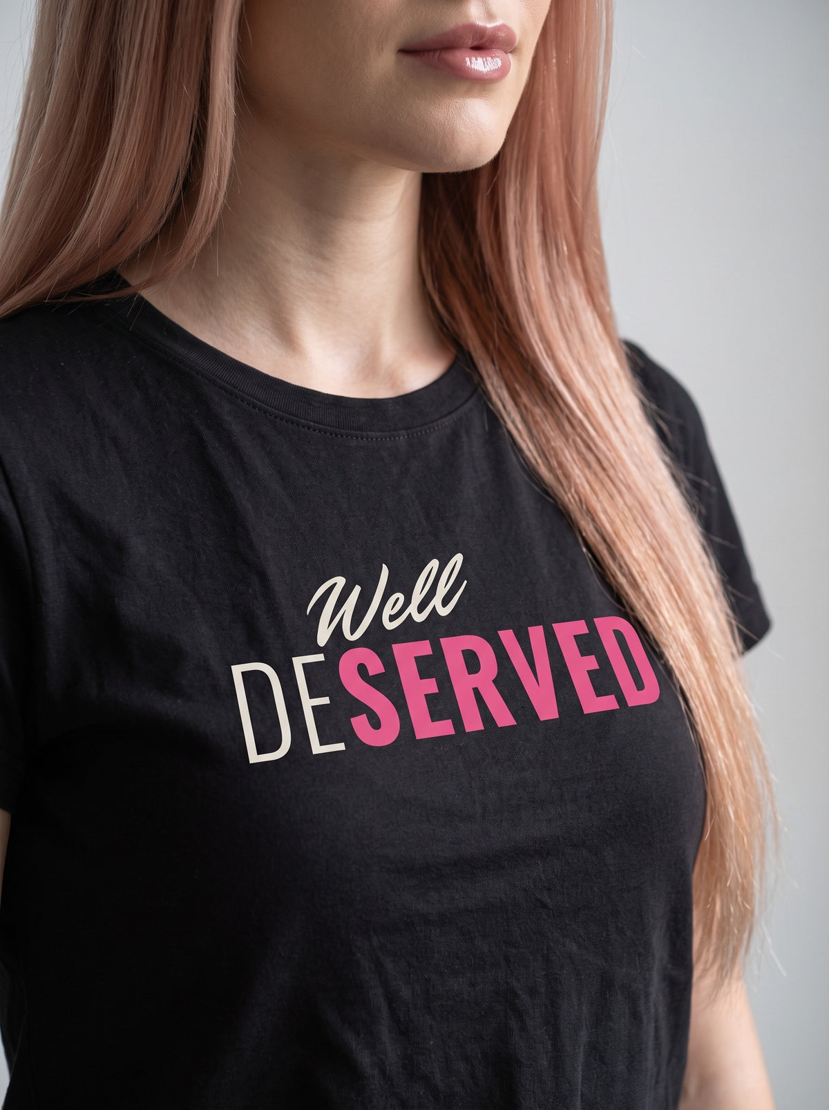 Well Deserved tee in Black — angled close-up [kk-studio]