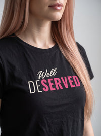 Well Deserved tee in Black — angled close-up [kk-studio]