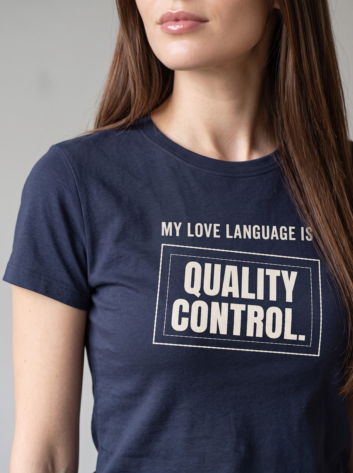 My Love Language Is Quality Control tee in Navy — angled close-up [kk-studio]