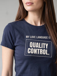 My Love Language Is Quality Control tee in Navy — angled close-up [kk-studio]