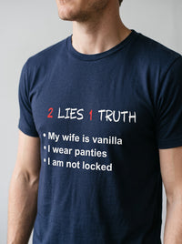 2 Lies, 1 Truth tee in Navy — angled close-up [kk-studio]