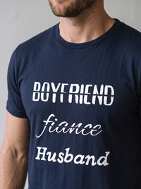 Boyfriend, Fiance, Husband tee in Navy — angled close-up [kk-studio]