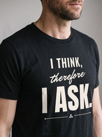 I Think, Therefore I Ask tee in Black — angled close-up [kk-studio]
