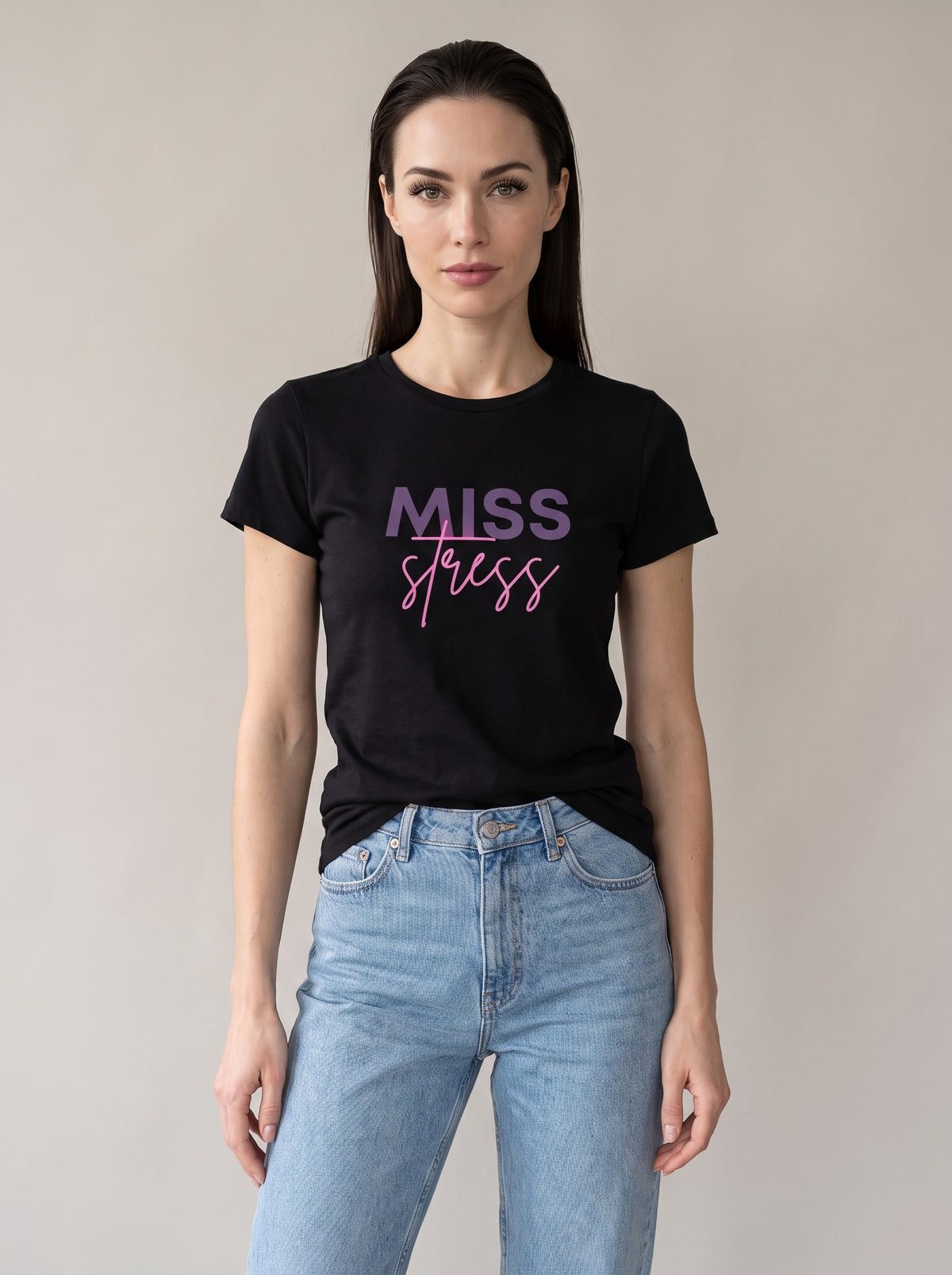 Miss Stress tee in Black — front [kk-studio]