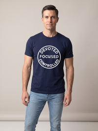 Devoted, Focused, Controlled tee in Navy — front [kk-studio]