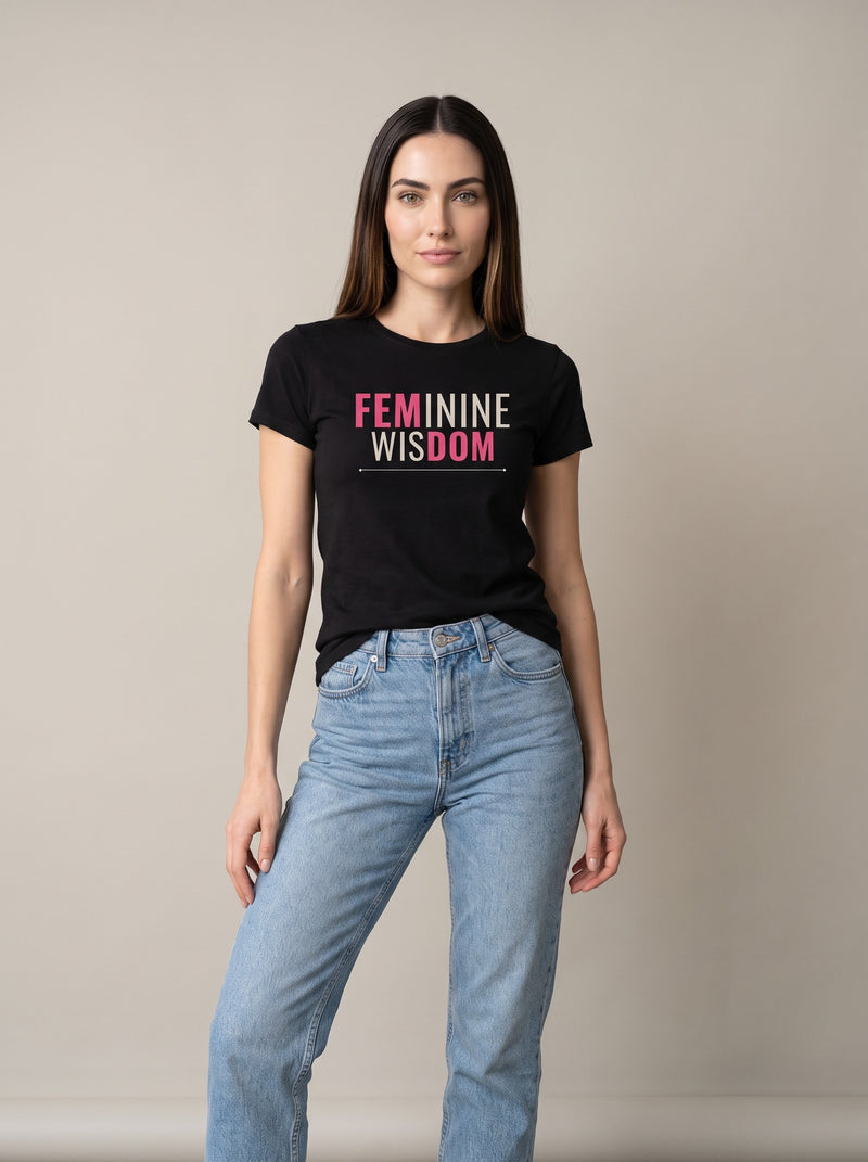 Feminine Wisdom tee in Black — front [kk-studio]