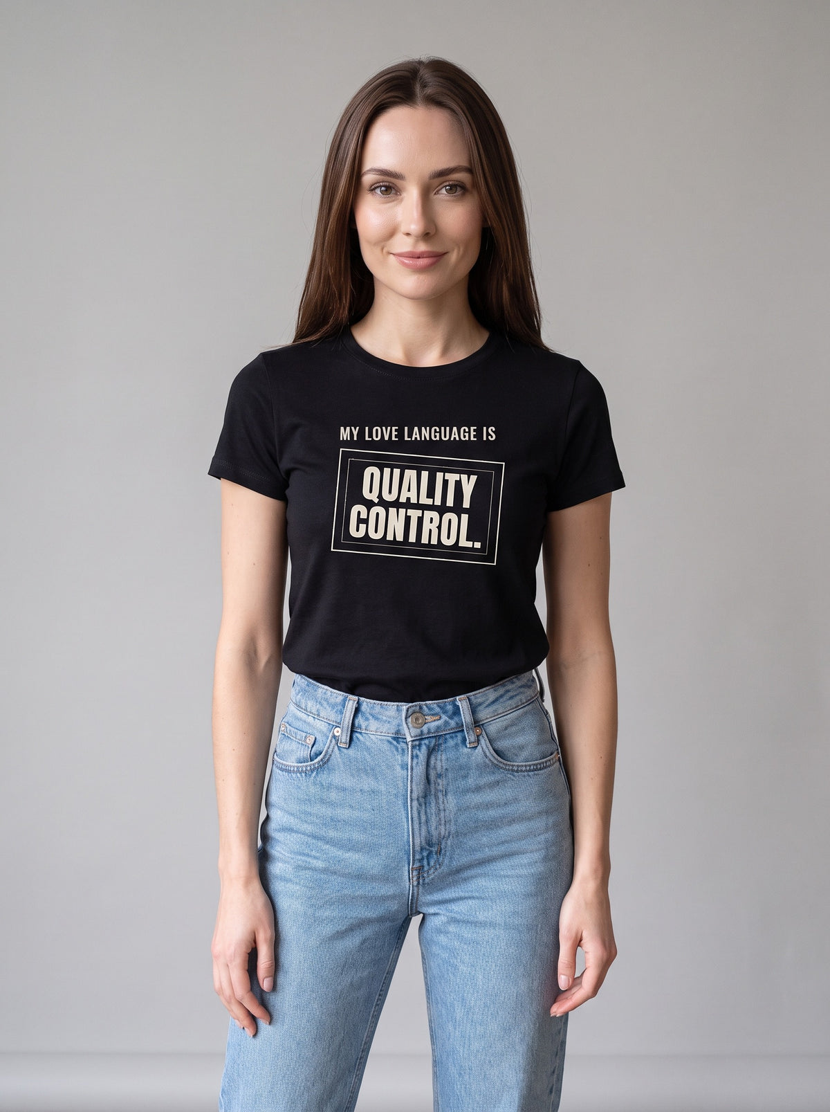 My Love Language Is Quality Control tee in Black — front [kk-studio]