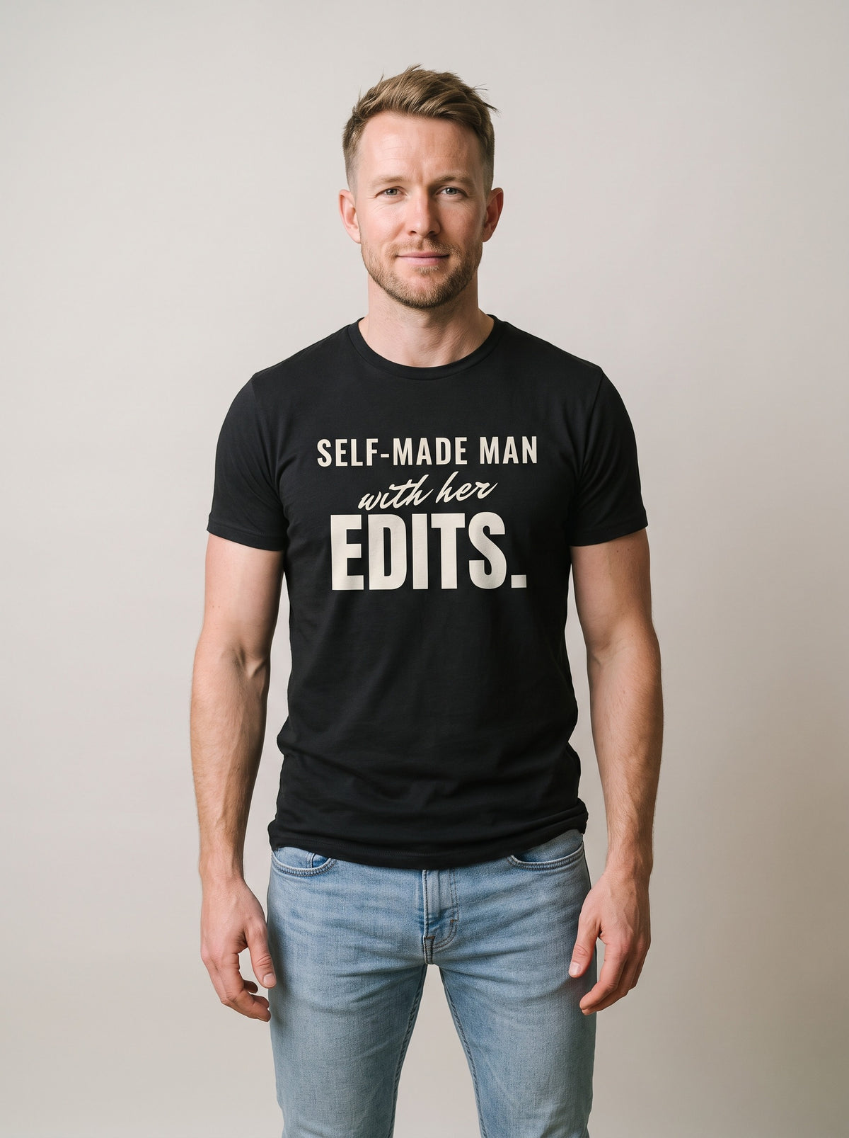 Self-Made Man With Her Edits tee in Black — front [kk-studio]