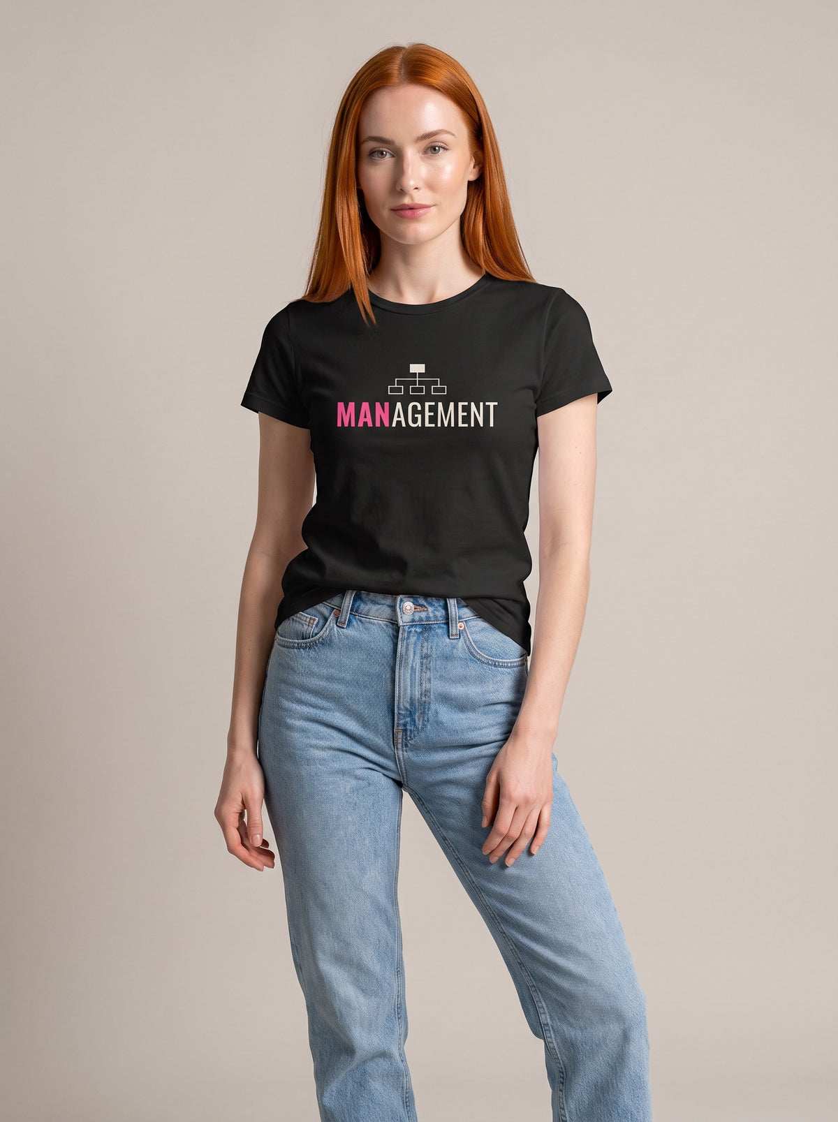 Management tee in Black — front [kk-studio]
