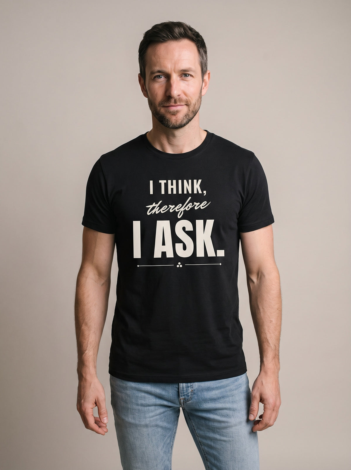 I Think, Therefore I Ask tee in Black — front [kk-studio]