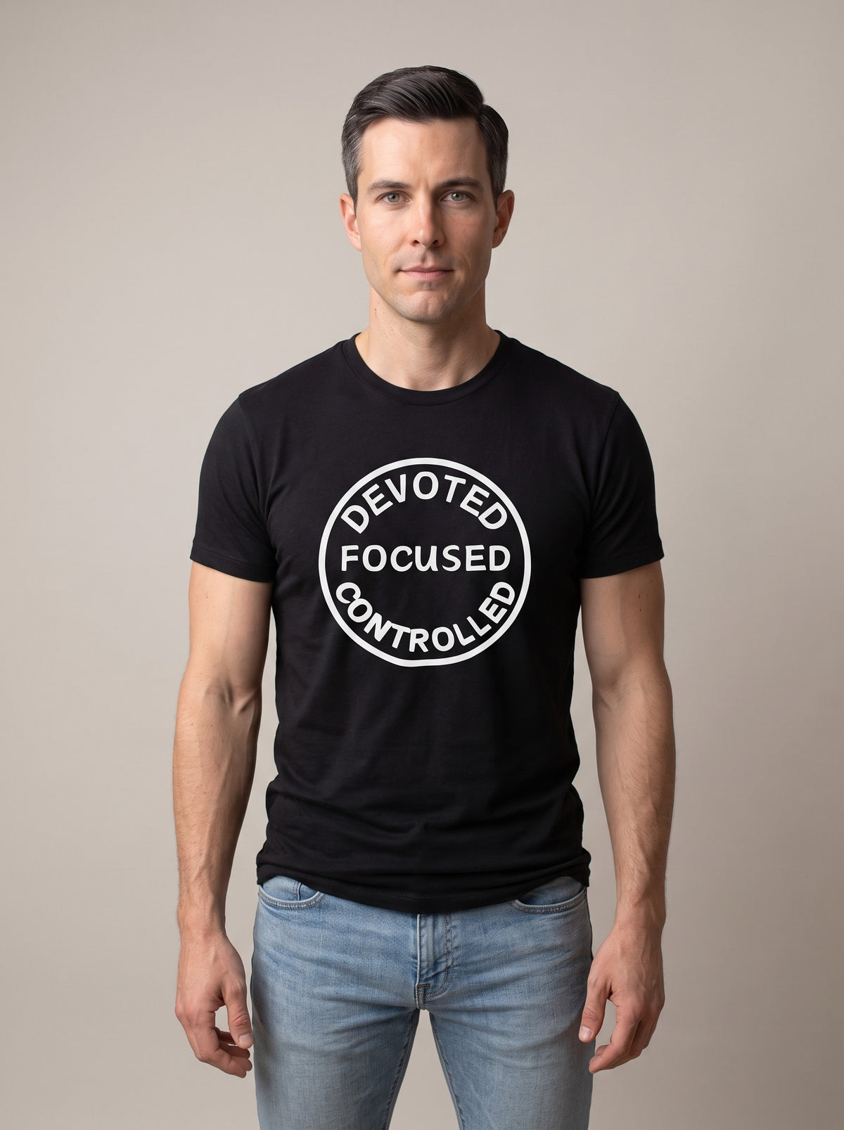 Devoted, Focused, Controlled tee in Black — front [kk-studio]