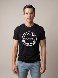 Devoted, Focused, Controlled tee in Black — front [kk-studio]