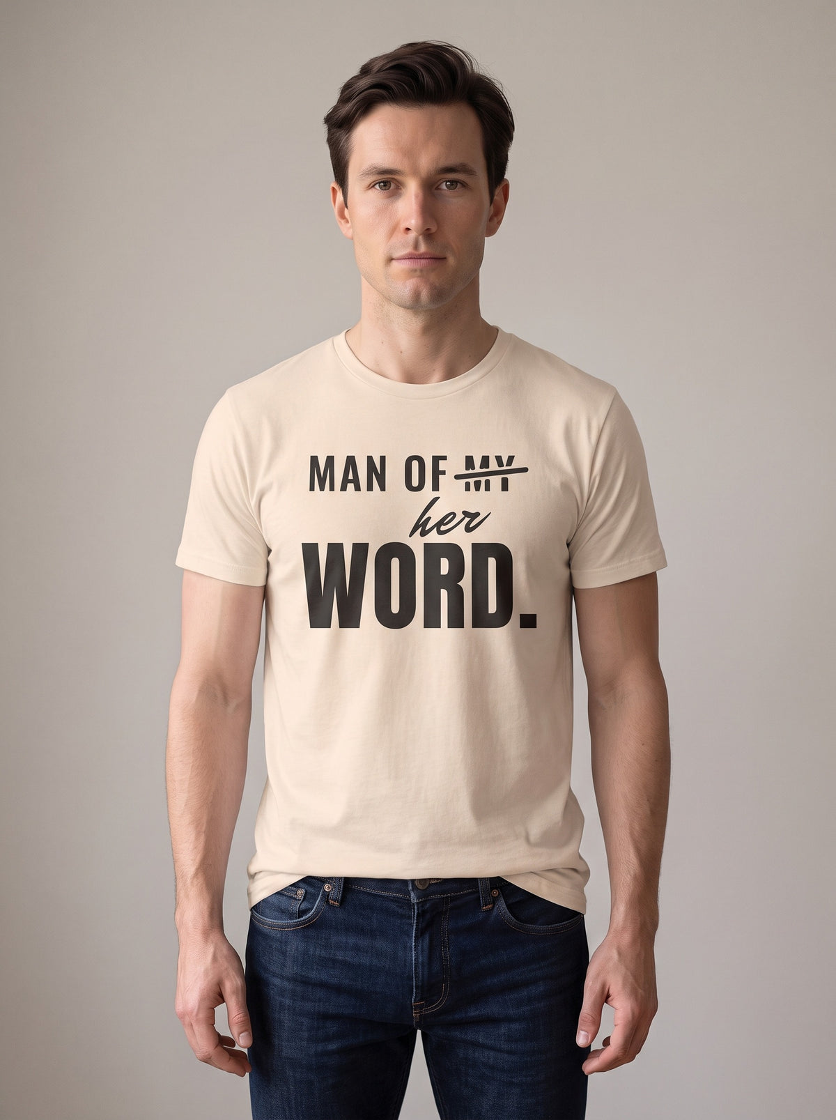 Man of Her Word tee in Soft Cream — front [kk-studio]