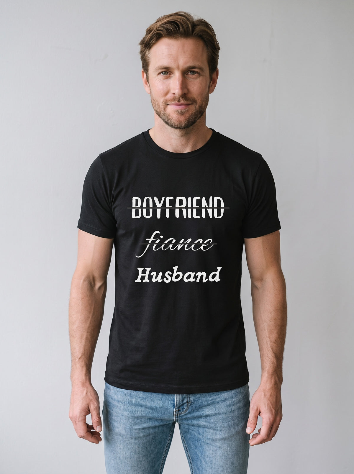 Boyfriend, Fiance, Husband tee in Black — front [kk-studio]