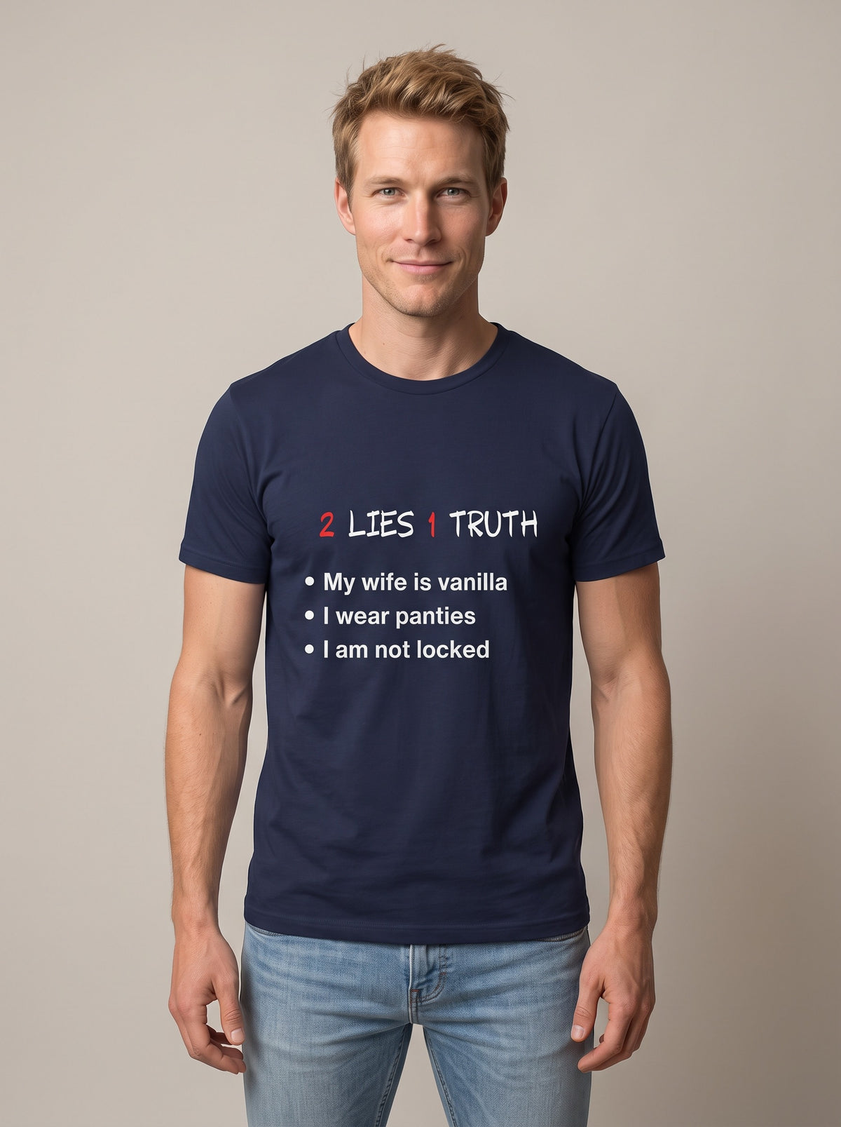 2 Lies, 1 Truth tee in Navy — front [kk-studio]