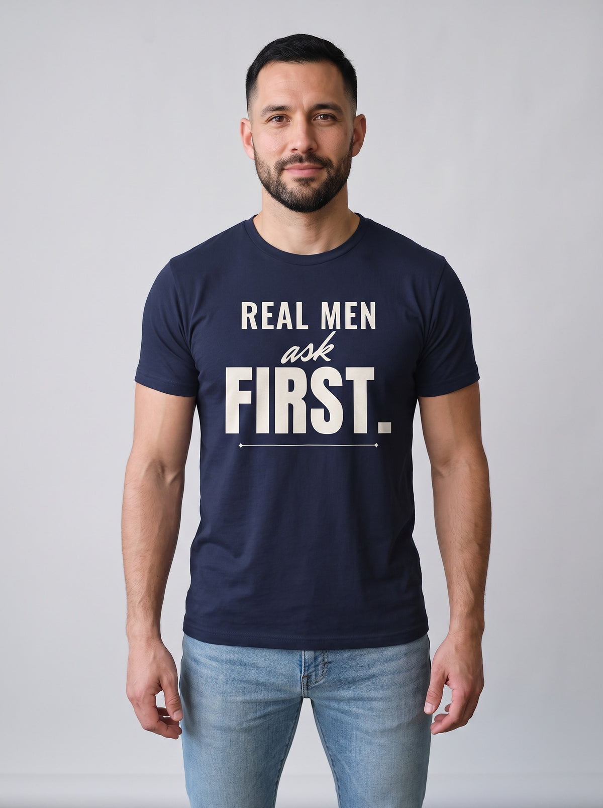 Real Men Ask First tee in Navy — front [kk-studio]