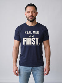 Real Men Ask First tee in Navy — front [kk-studio]