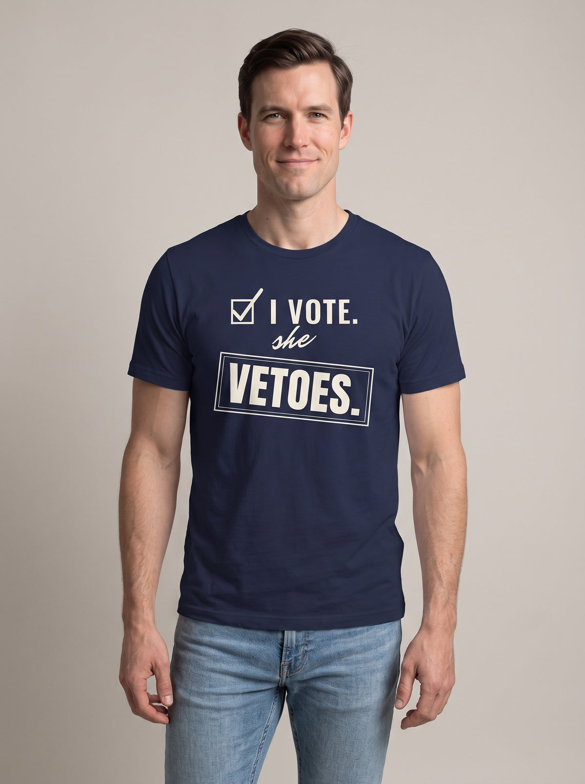 I Vote. She Vetoes. tee in Navy — front [kk-studio]