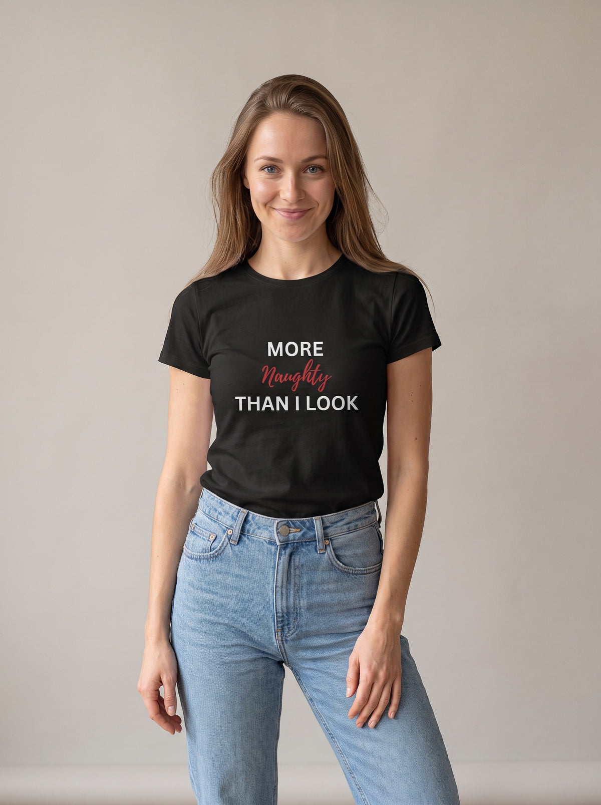 More Naughty Than I Look tee in Black — front [kk-studio]