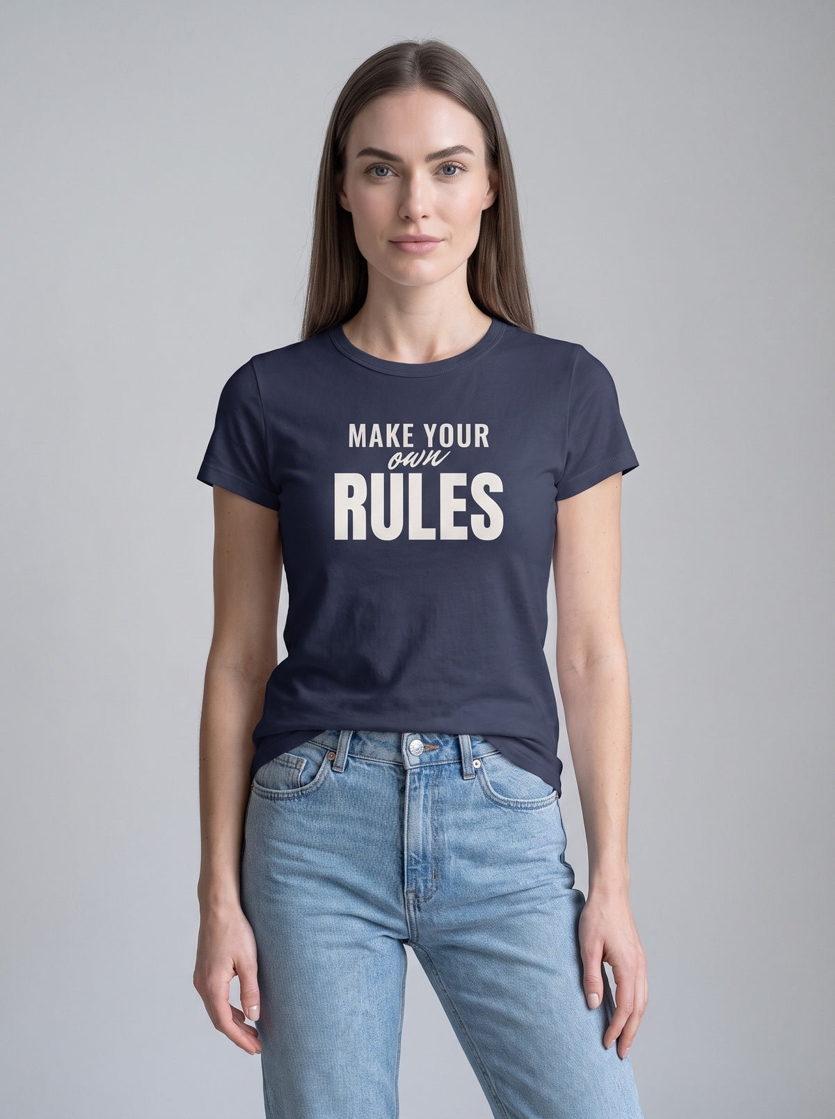 Make Your Own Rules tee in Navy — front [kk-studio]