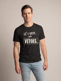 I Vote. She Vetoes. tee in Black — front [kk-studio]