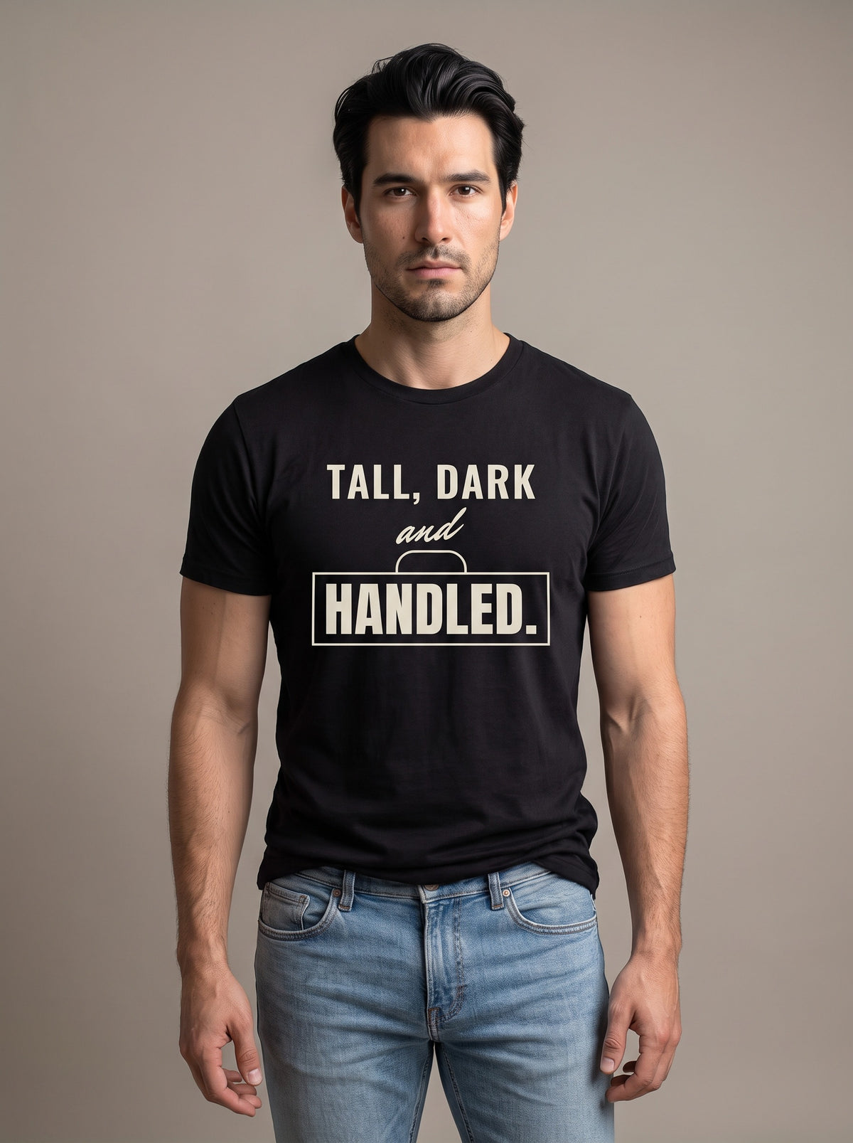 Tall, Dark and Handled tee in Black — front [kk-studio]