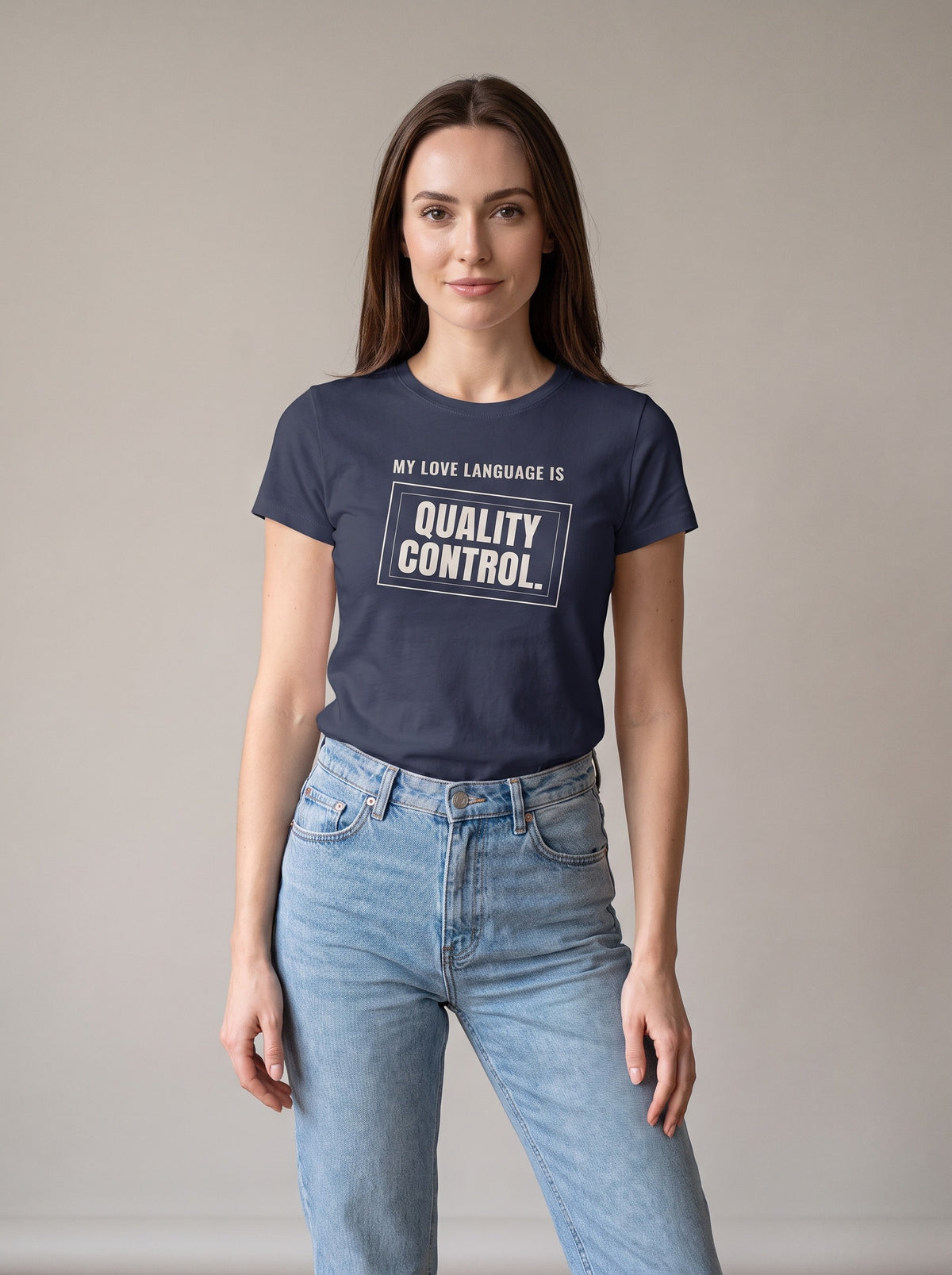 My Love Language Is Quality Control tee in Navy — front [kk-studio]