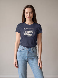 My Love Language Is Quality Control tee in Navy — front [kk-studio]