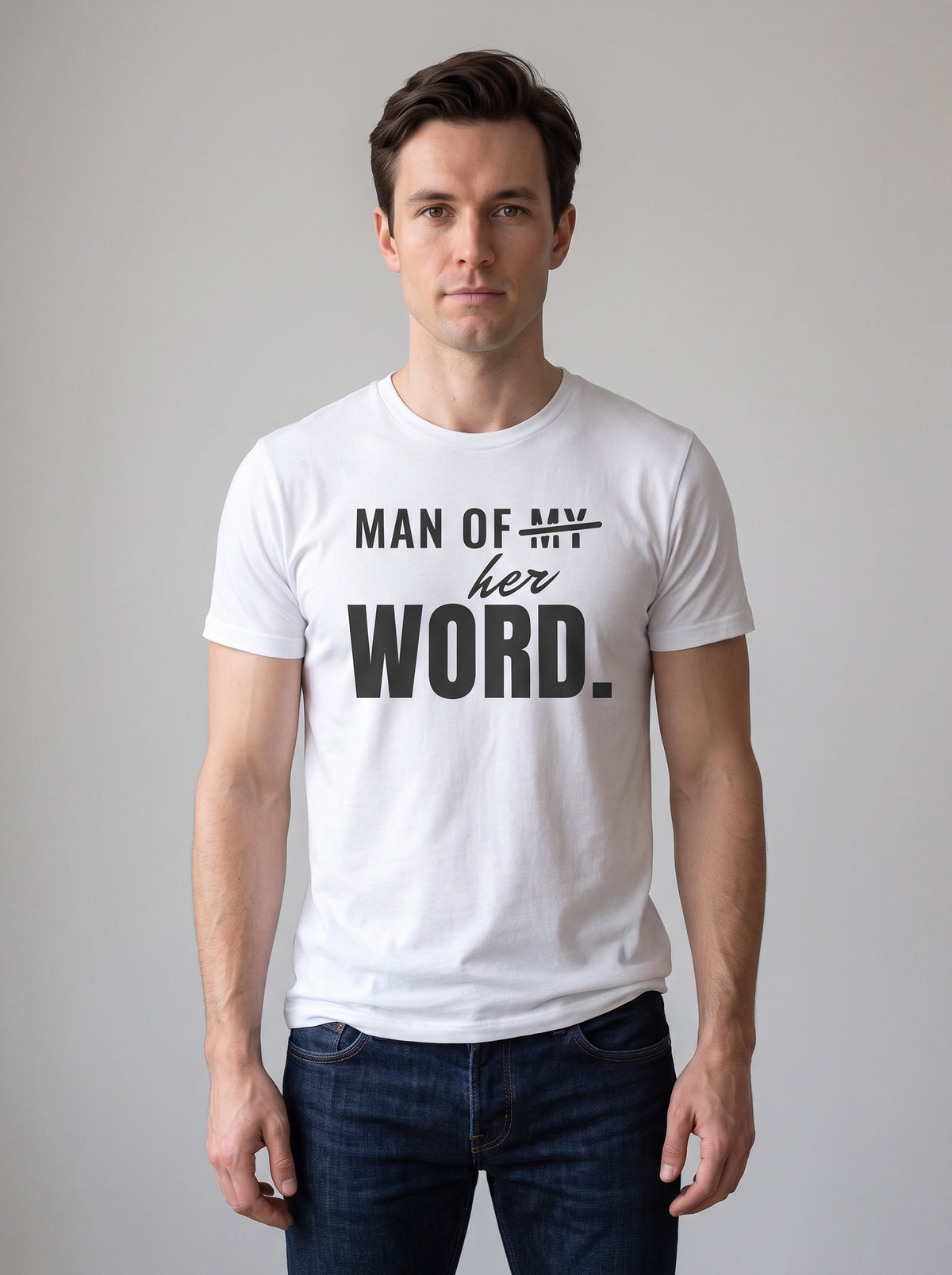 Man of Her Word tee in White — front [kk-studio]