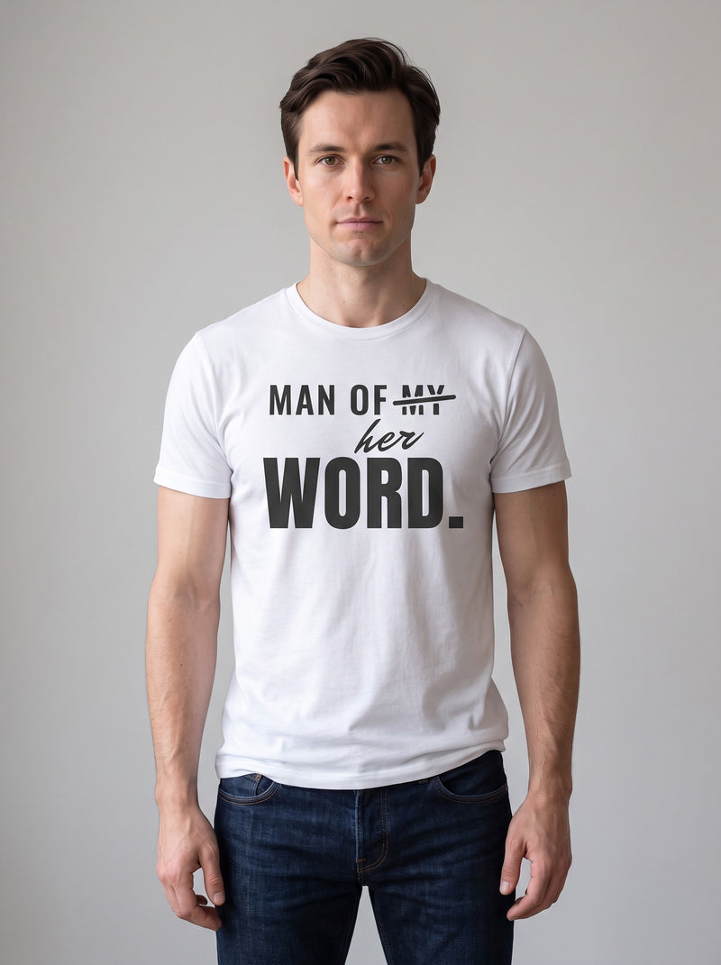 Man of Her Word tee in White — front [kk-studio]