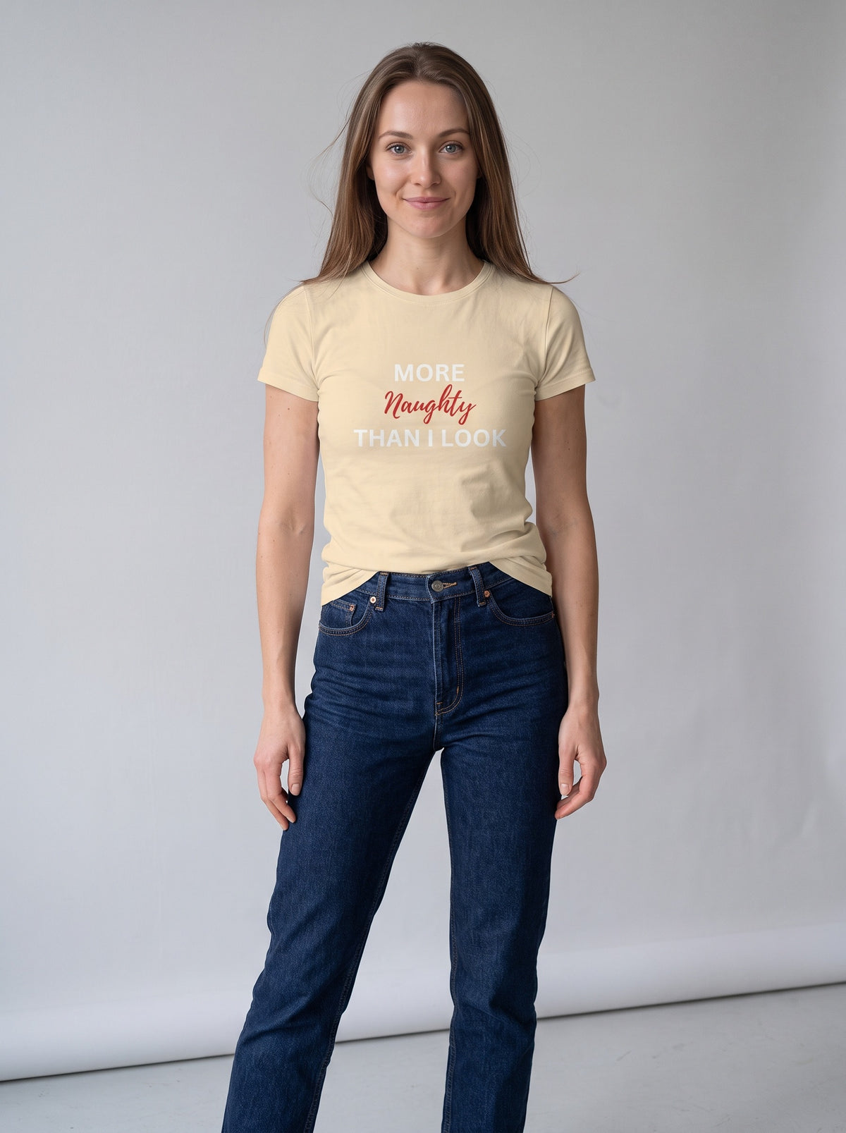 More Naughty Than I Look tee in Soft Cream — front [kk-studio]