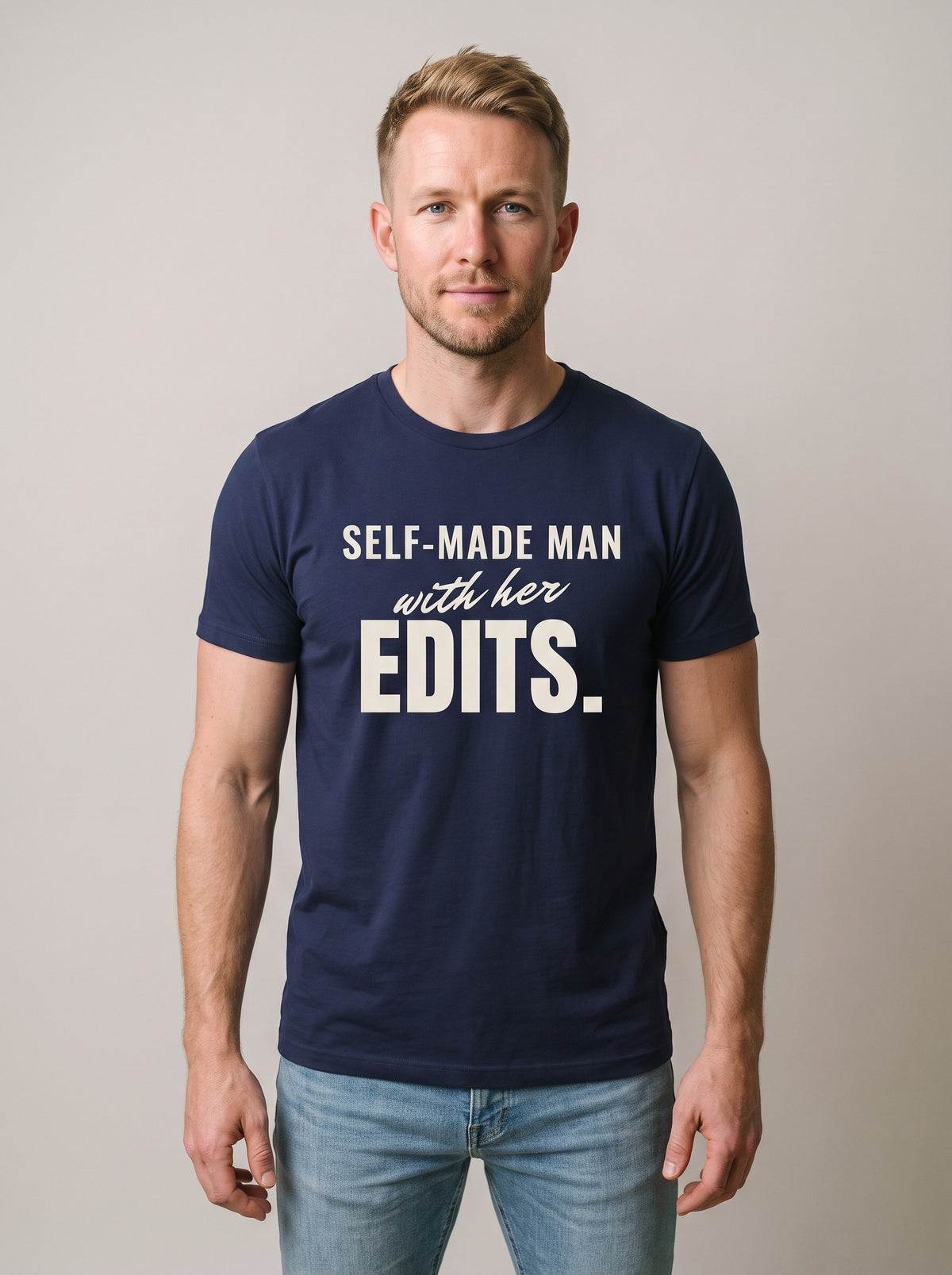Self-Made Man With Her Edits tee in Navy — front [kk-studio]
