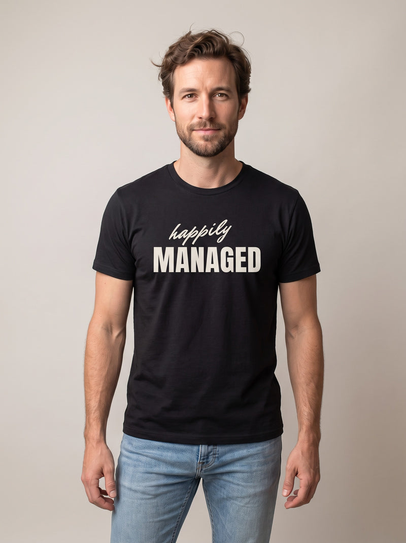 Happily Managed tee in Black — front [kk-studio]