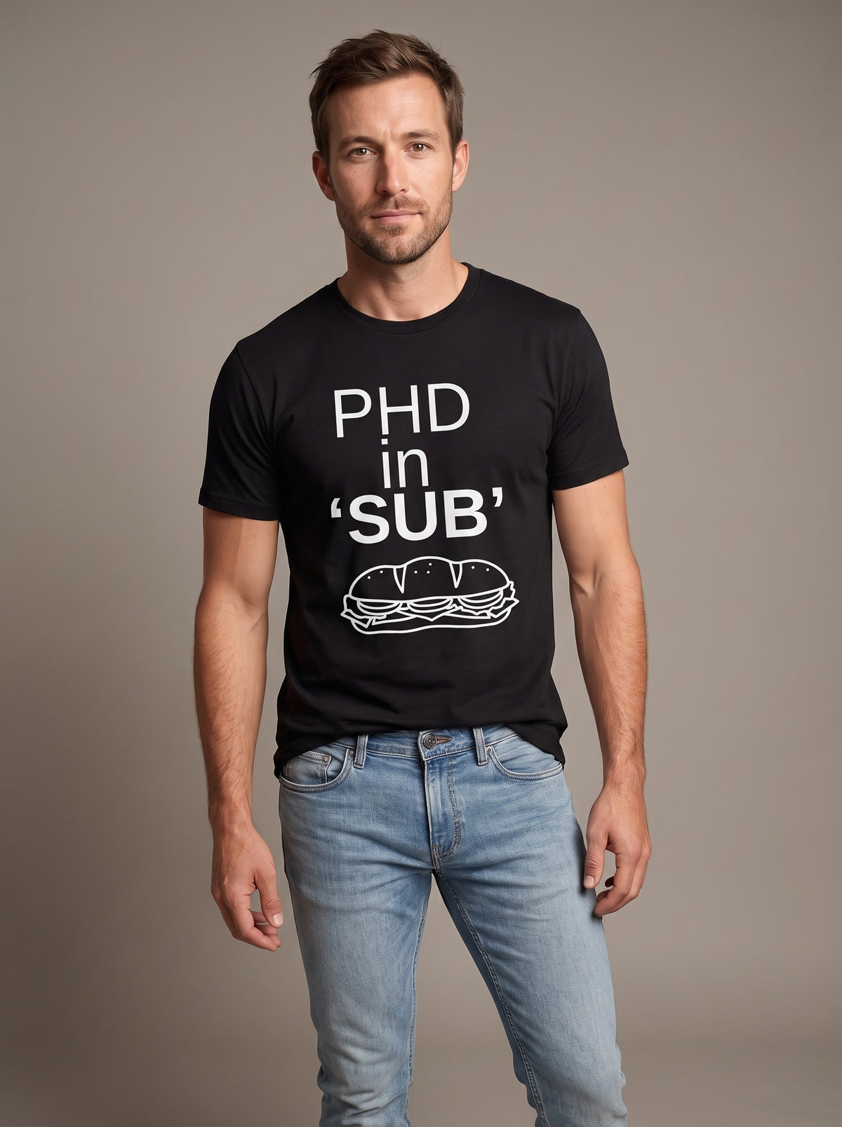 PhD in Sub tee in Black — front [kk-studio]